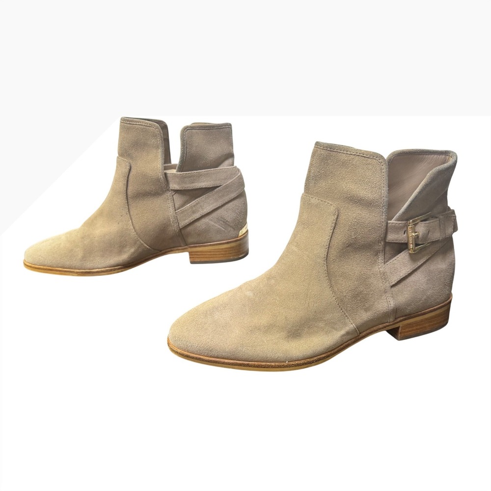 Michael Kors Taupe Suede Ankle Boots Buckle Strap Low Heel Booties Womens 8M